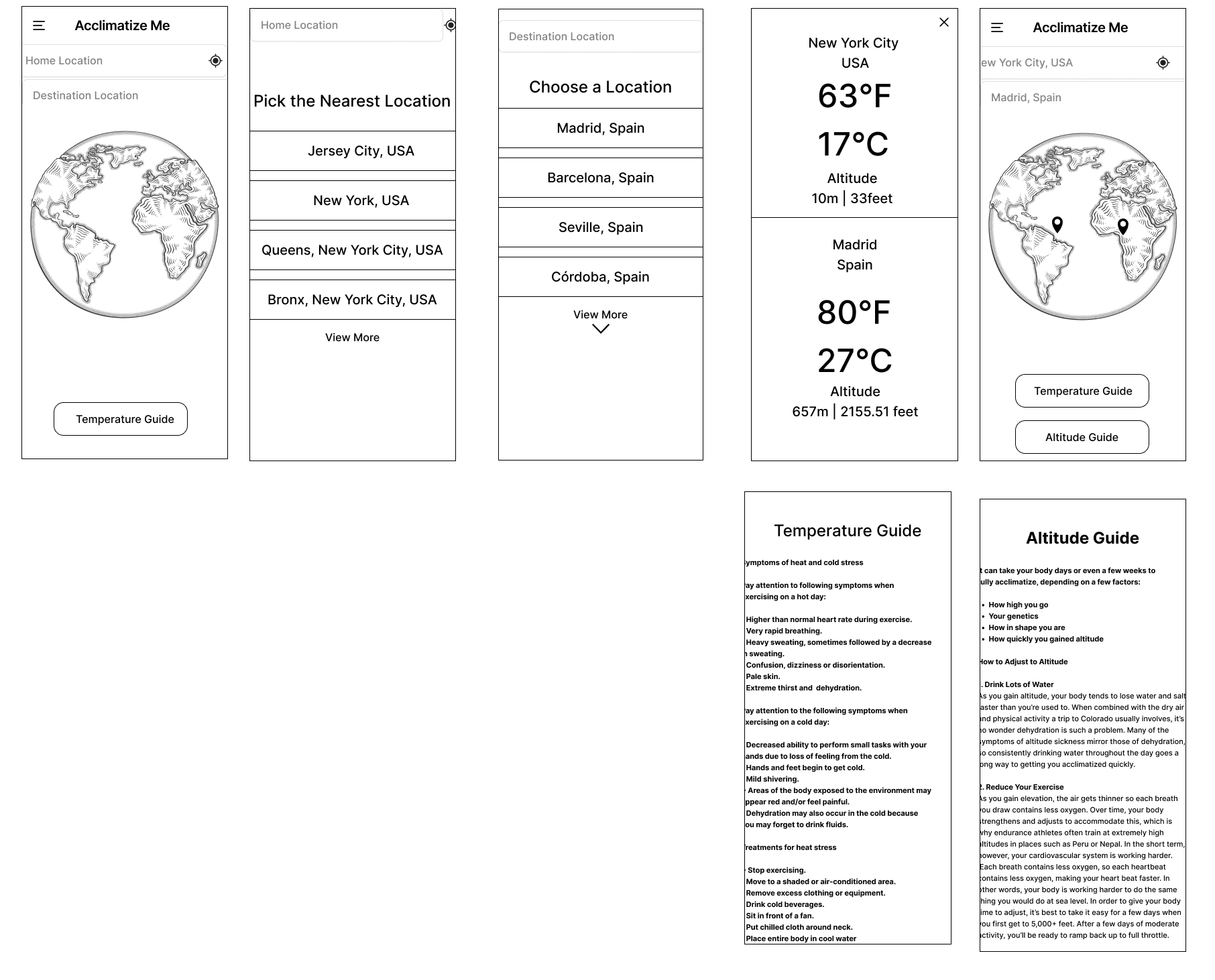 Wireframe of Acclimatize Me Now App